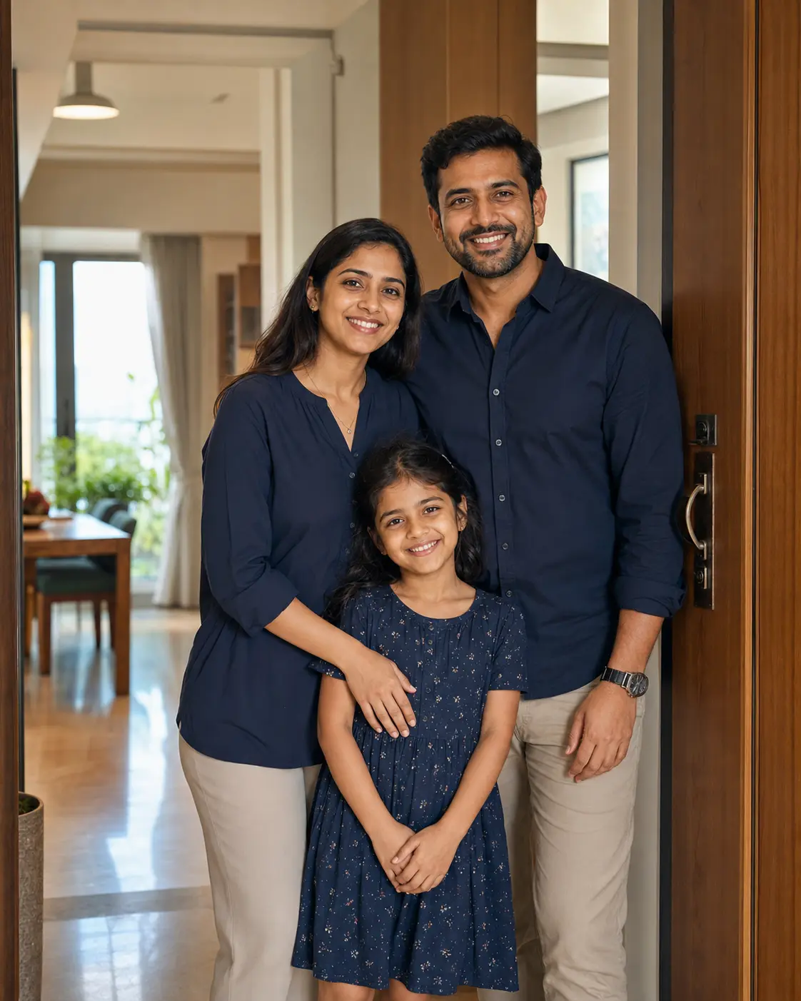An Indian family standing together at the entrance of their new home